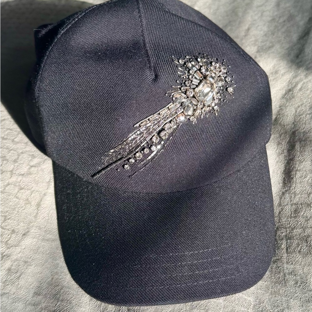 Alexander McQueen Black Hat with Crystal Embellishment